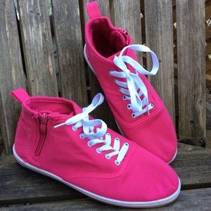Hot pink textile A.co ankle high lace-up sneakers